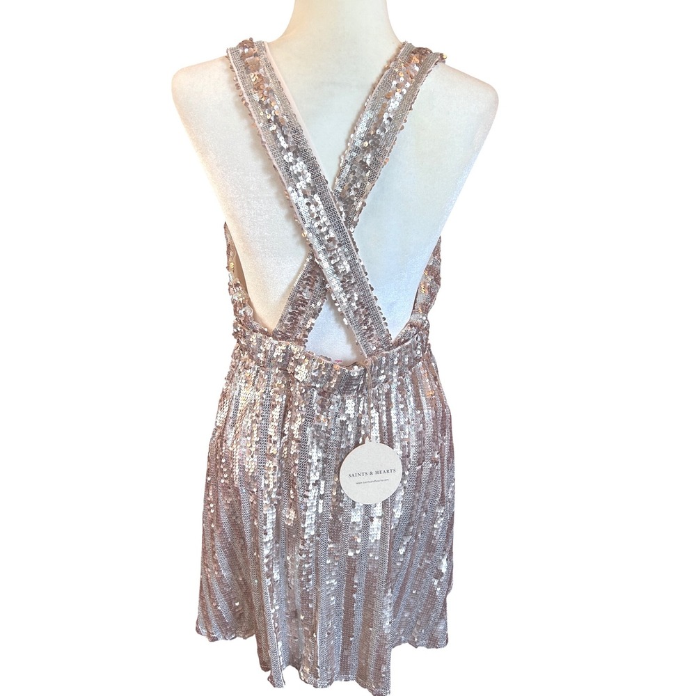 Saints & Hearts Sequin Mini Dress Womens Rose‎ Gold NEW Crisscross Party